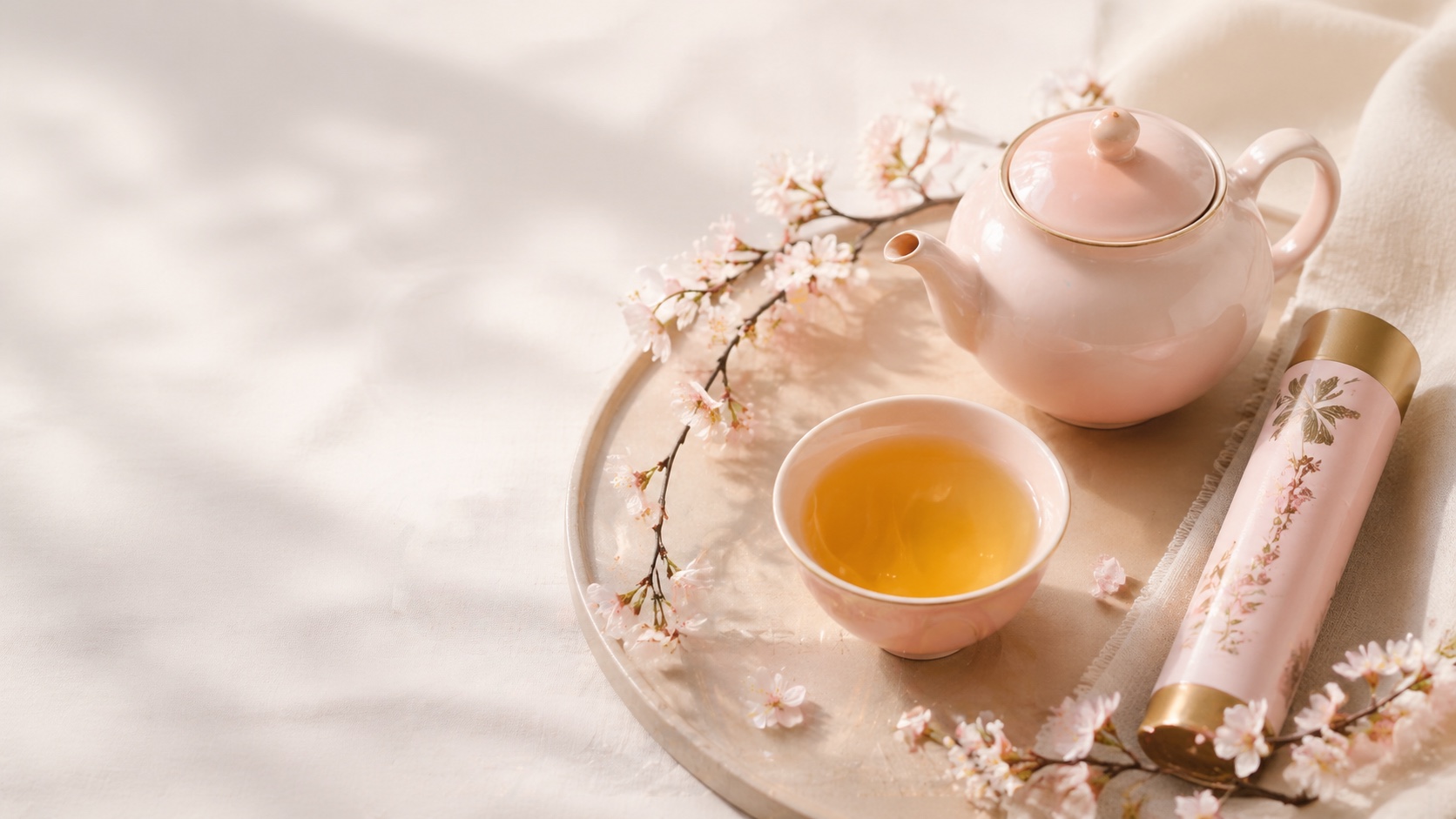 奶油粉茶具與一杯暖光裡的台灣茶